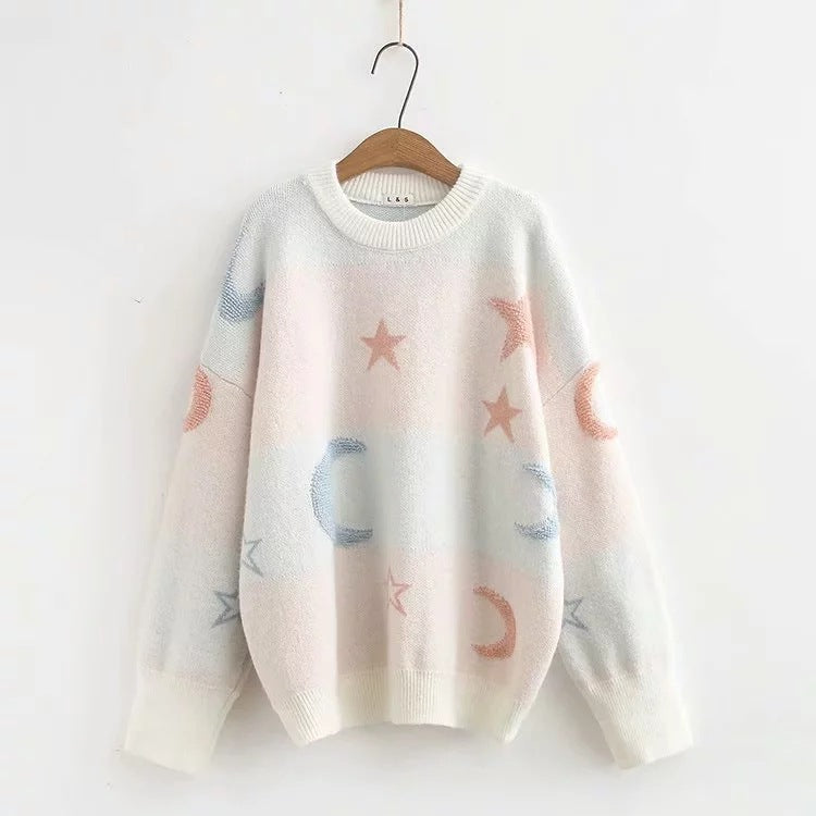 Pull Femme Maille Douce Motifs Lune & Étoiles