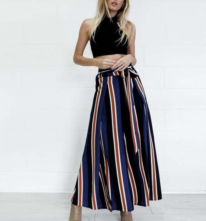 Pantalon Large Fluide à Rayures – Coupe Palazzo avec Fentes Latérales #AMO8693