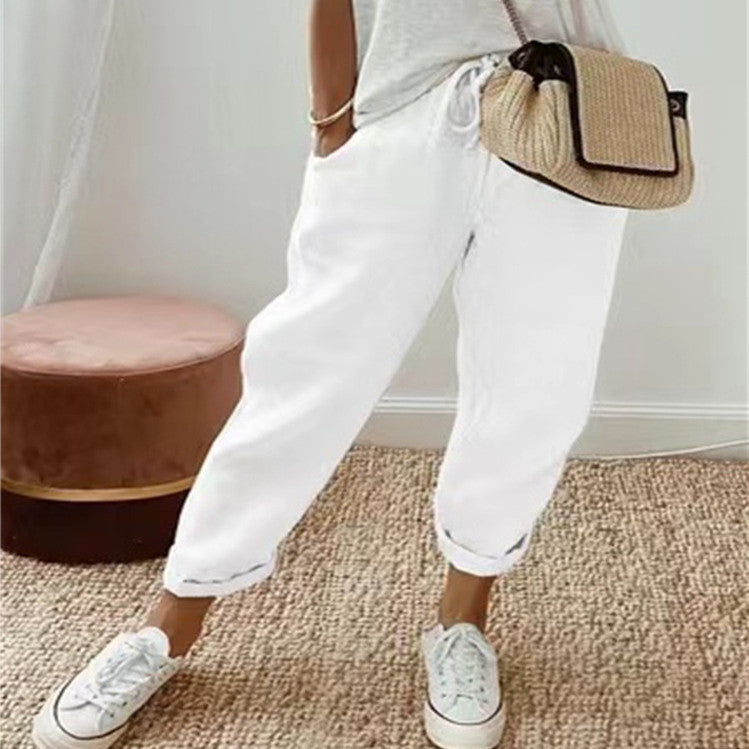 Pantalon Casual en Coton et Lin Fluide - Coupe Décontractée Femme