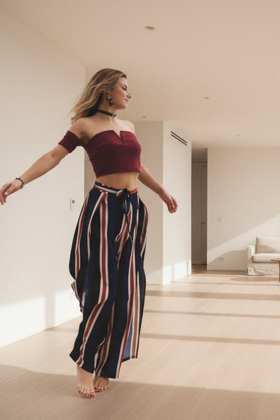 Pantalon Large Fluide à Rayures – Coupe Palazzo avec Fentes Latérales #AMO8693