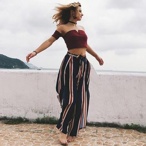 Pantalon Large Fluide à Rayures – Coupe Palazzo avec Fentes Latérales #AMO8693