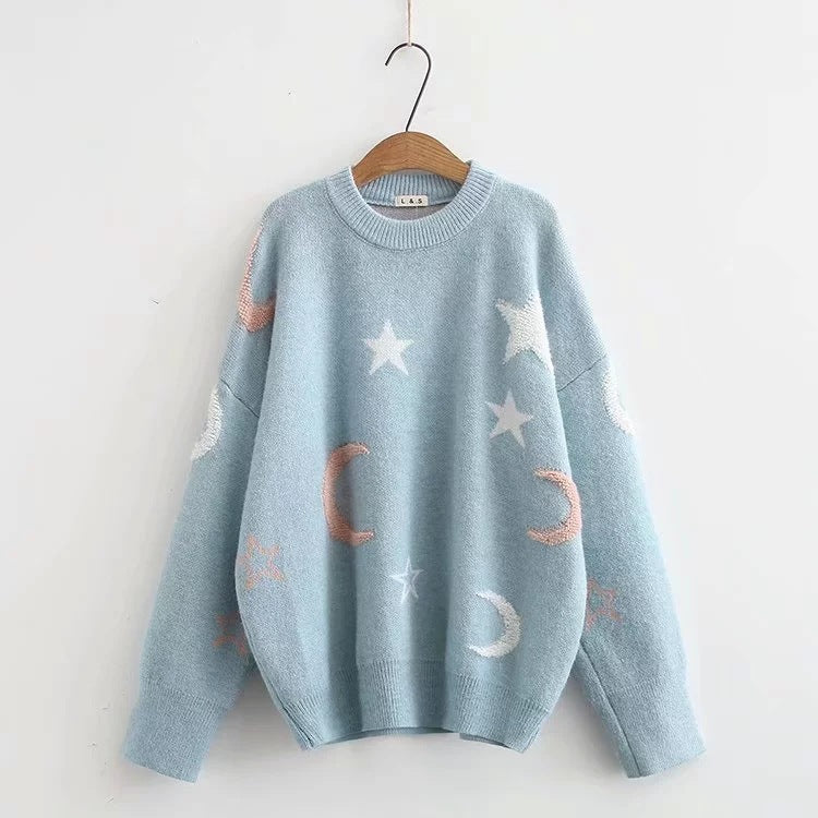 Pull Femme Maille Douce Motifs Lune & Étoiles