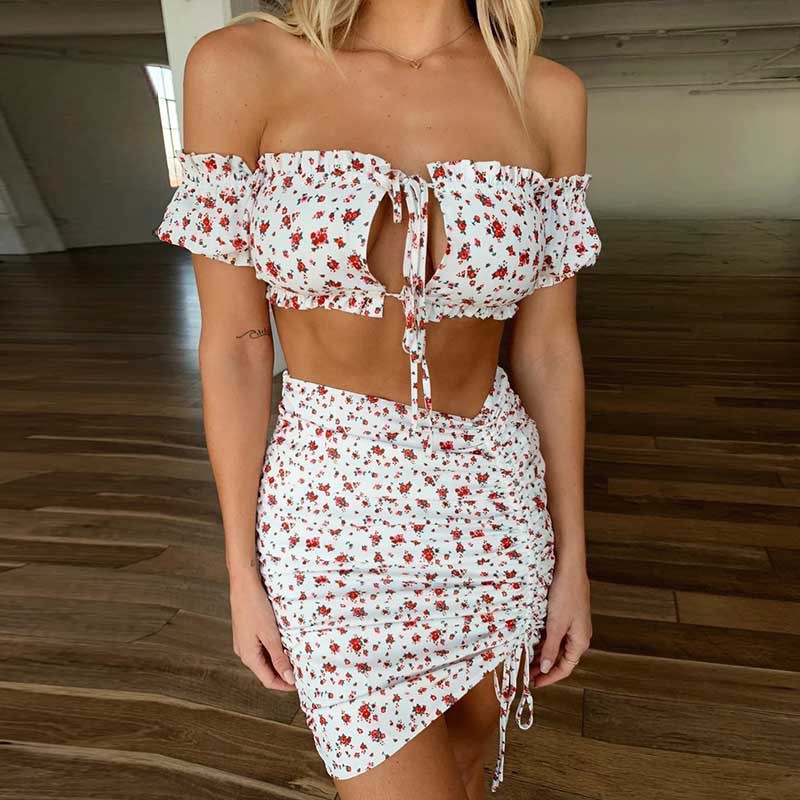 Ensemble Femme Fleuri – Top Off-Shoulder & Jupe Ajustée