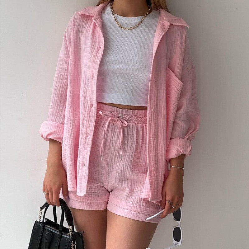 Ensemble 2 Pièces en Chambray : Chemise à Revers et Short Taille Haute à Cordon