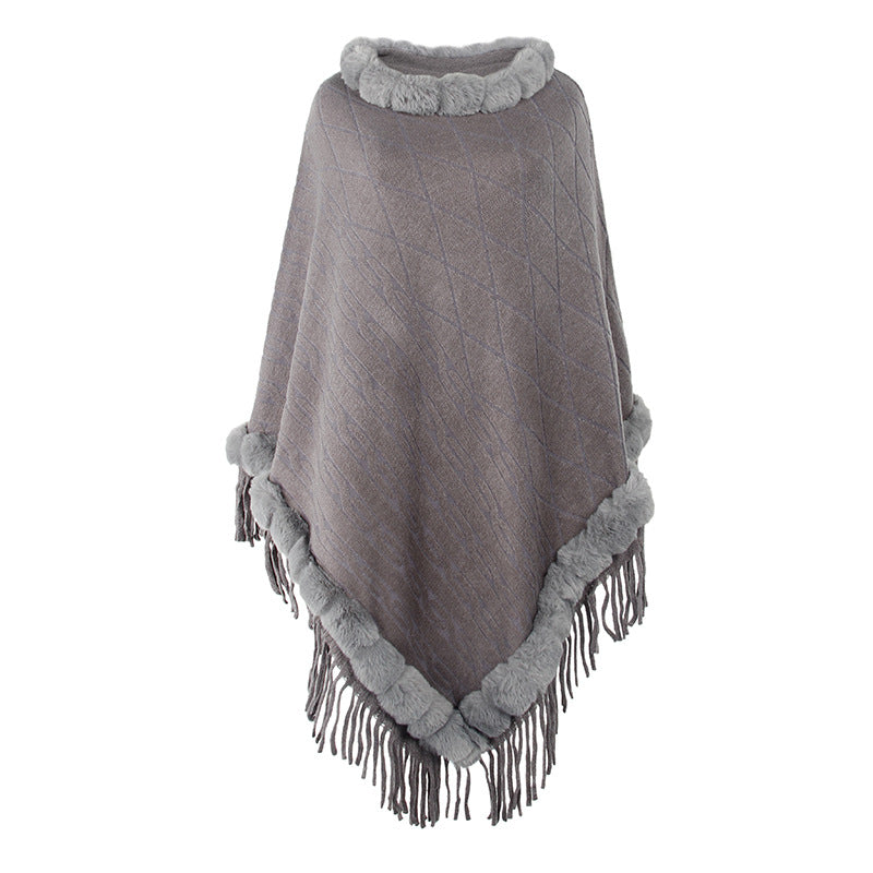 Cape Femme en Maille Unie et Col Fourrure Amovible