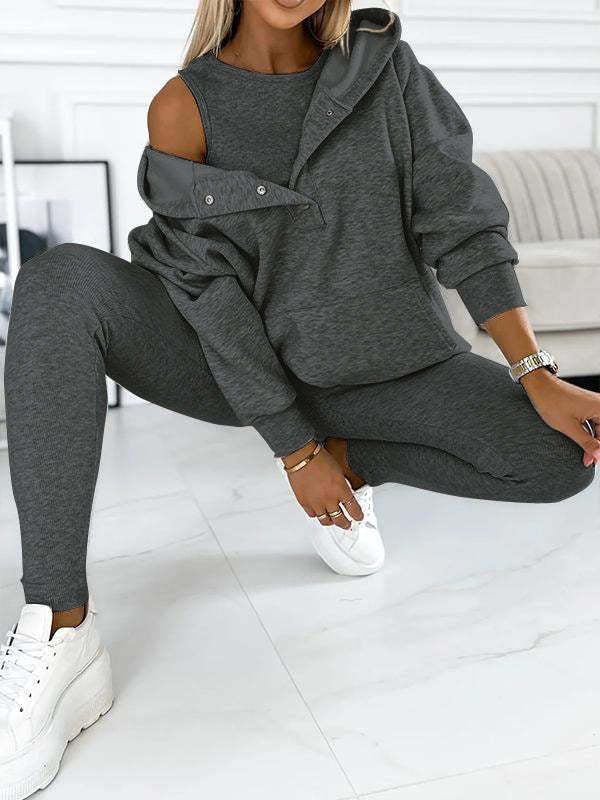 Ensemble Sport 3 Pièces : Sweat à Capuche, Gilet Matelassé et Pantalon Slim