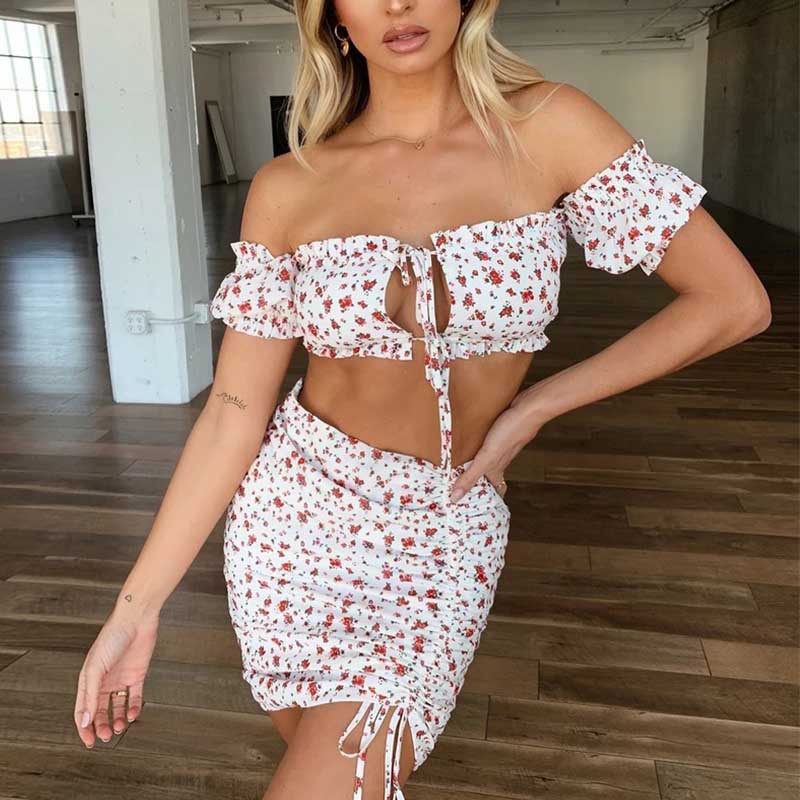 Ensemble Femme Fleuri – Top Off-Shoulder & Jupe Ajustée