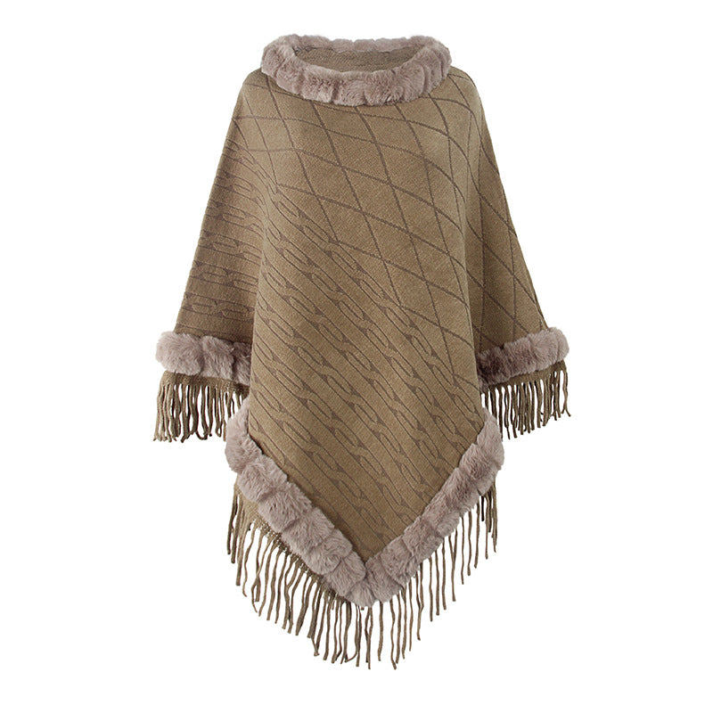 Cape Femme en Maille Unie et Col Fourrure Amovible