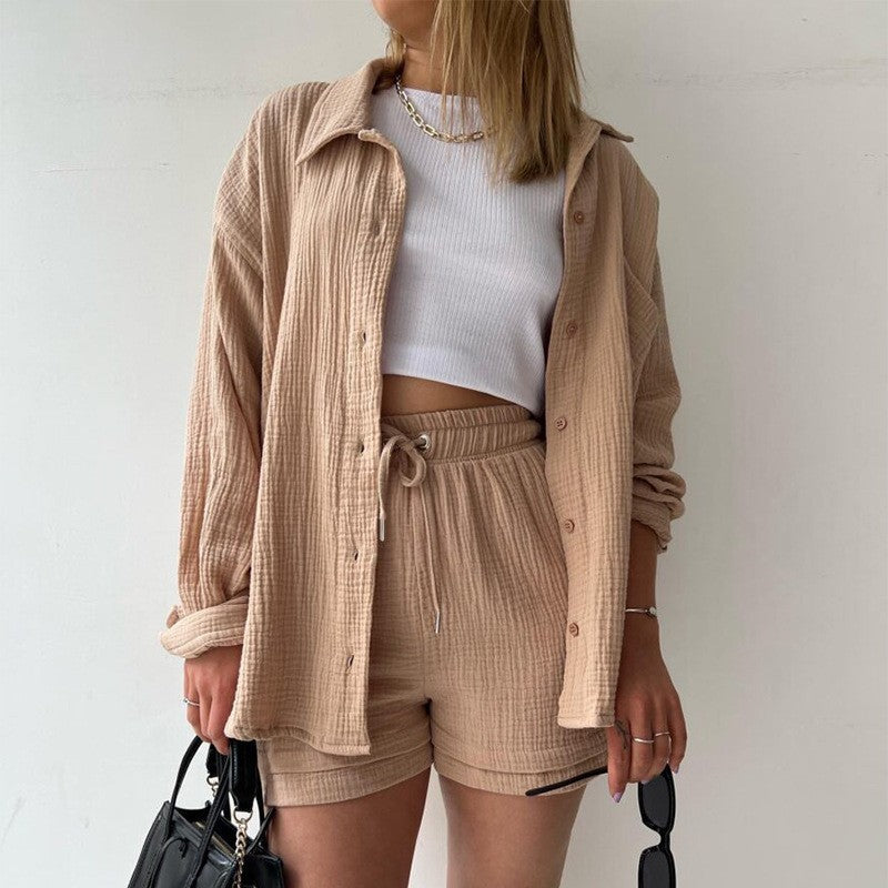 Ensemble 2 Pièces en Chambray : Chemise à Revers et Short Taille Haute à Cordon
