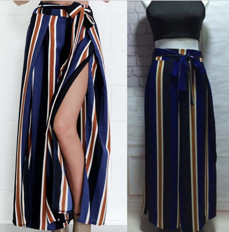 Pantalon Large Fluide à Rayures – Coupe Palazzo avec Fentes Latérales #AMO8693