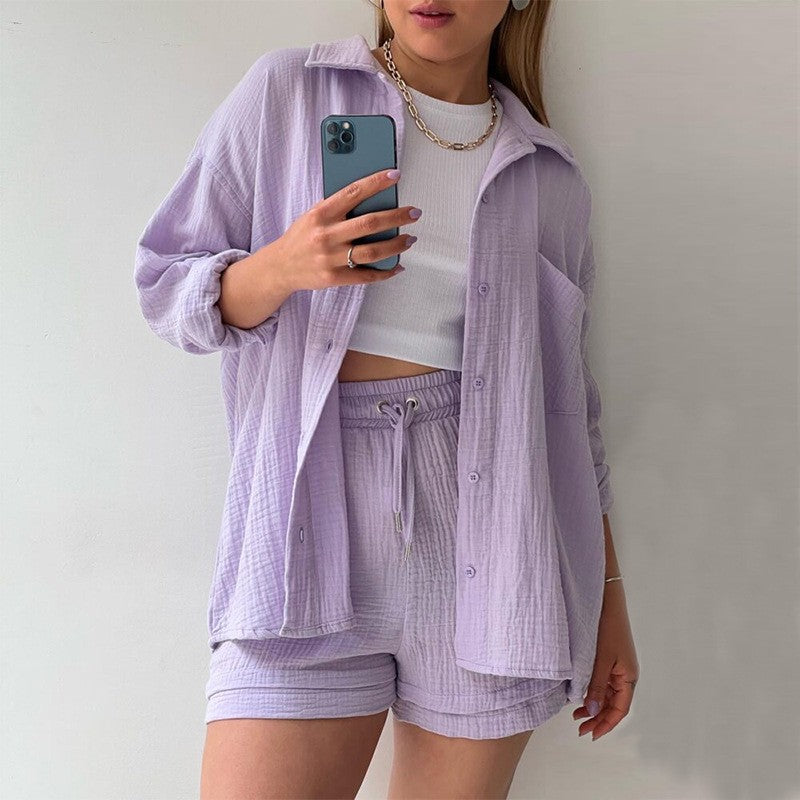 Ensemble 2 Pièces en Chambray : Chemise à Revers et Short Taille Haute à Cordon