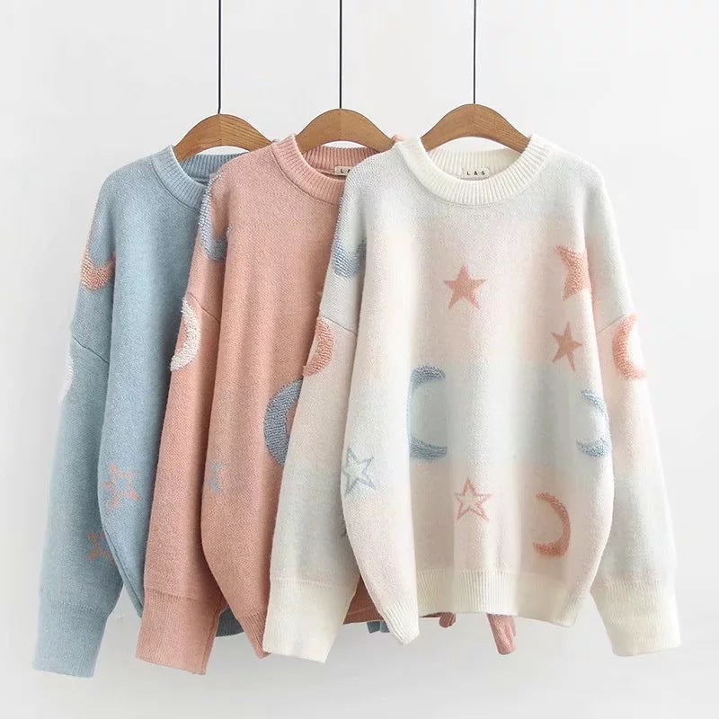 Pull Femme Maille Douce Motifs Lune & Étoiles
