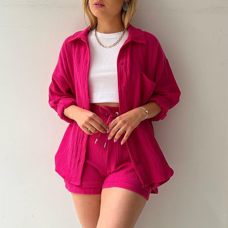 Ensemble 2 Pièces en Chambray : Chemise à Revers et Short Taille Haute à Cordon
