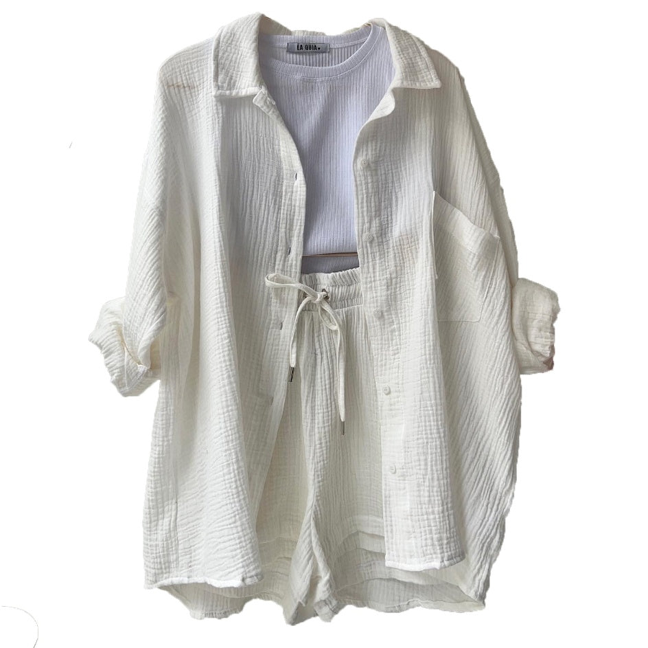 Ensemble 2 Pièces en Chambray : Chemise à Revers et Short Taille Haute à Cordon