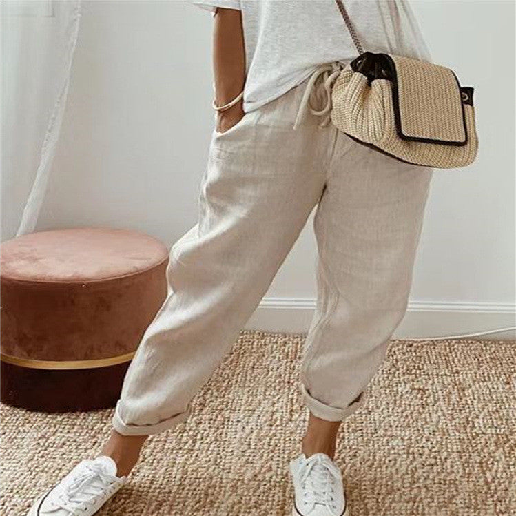 Pantalon Casual en Coton et Lin Fluide - Coupe Décontractée Femme