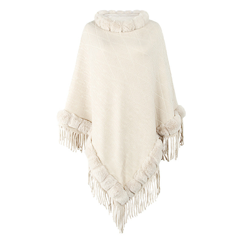 Cape Femme en Maille Unie et Col Fourrure Amovible