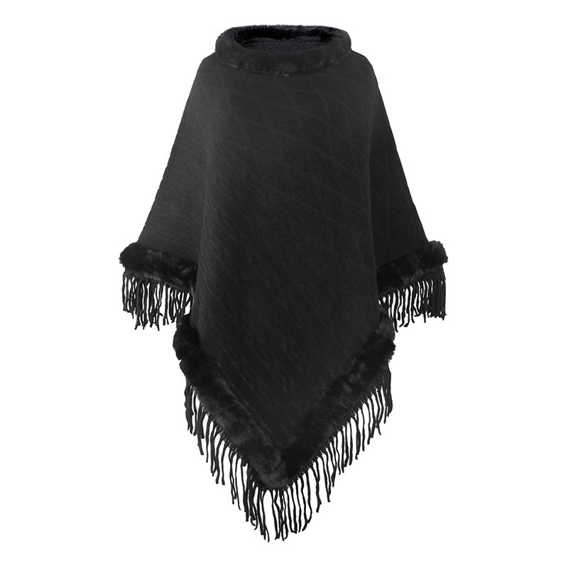 Cape Femme en Maille Unie et Col Fourrure Amovible
