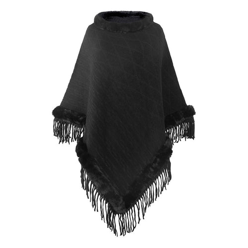 Cape Femme en Maille Unie et Col Fourrure Amovible
