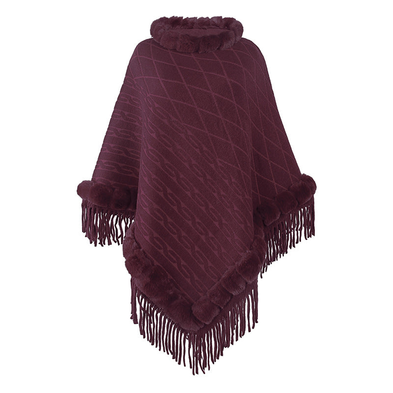 Cape Femme en Maille Unie et Col Fourrure Amovible